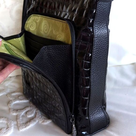 Brighton Sonny Black Patent🖤 Embossed Crocadile Genuine Leather Shoulder Bag - Picture 7 of 16